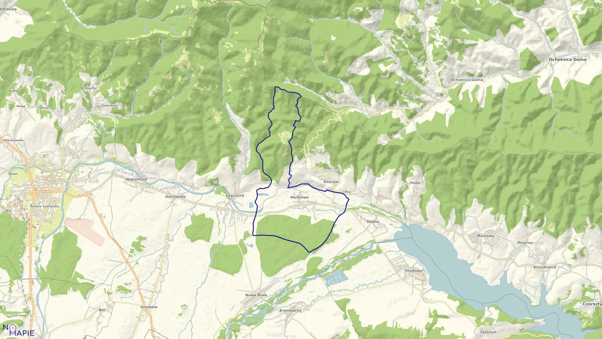 Mapa obrębu Harklowa w gminie Nowy Targ