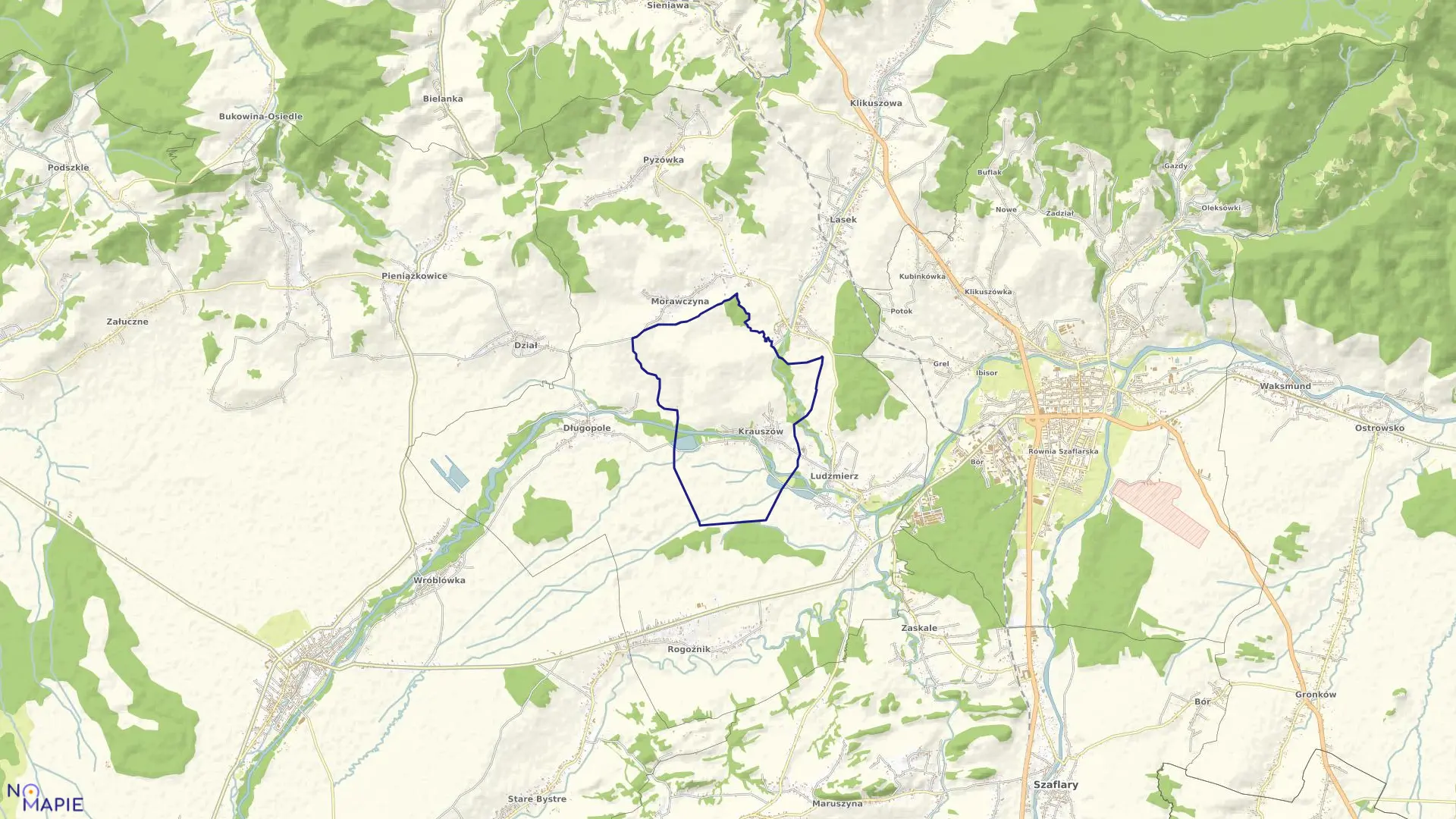 Mapa obrębu Krauszów w gminie Nowy Targ