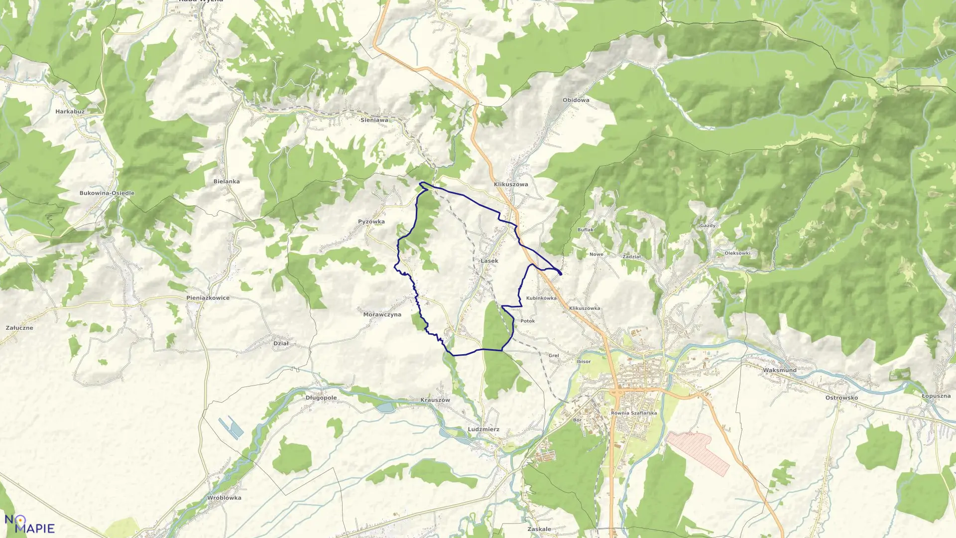 Mapa obrębu Lasek w gminie Nowy Targ