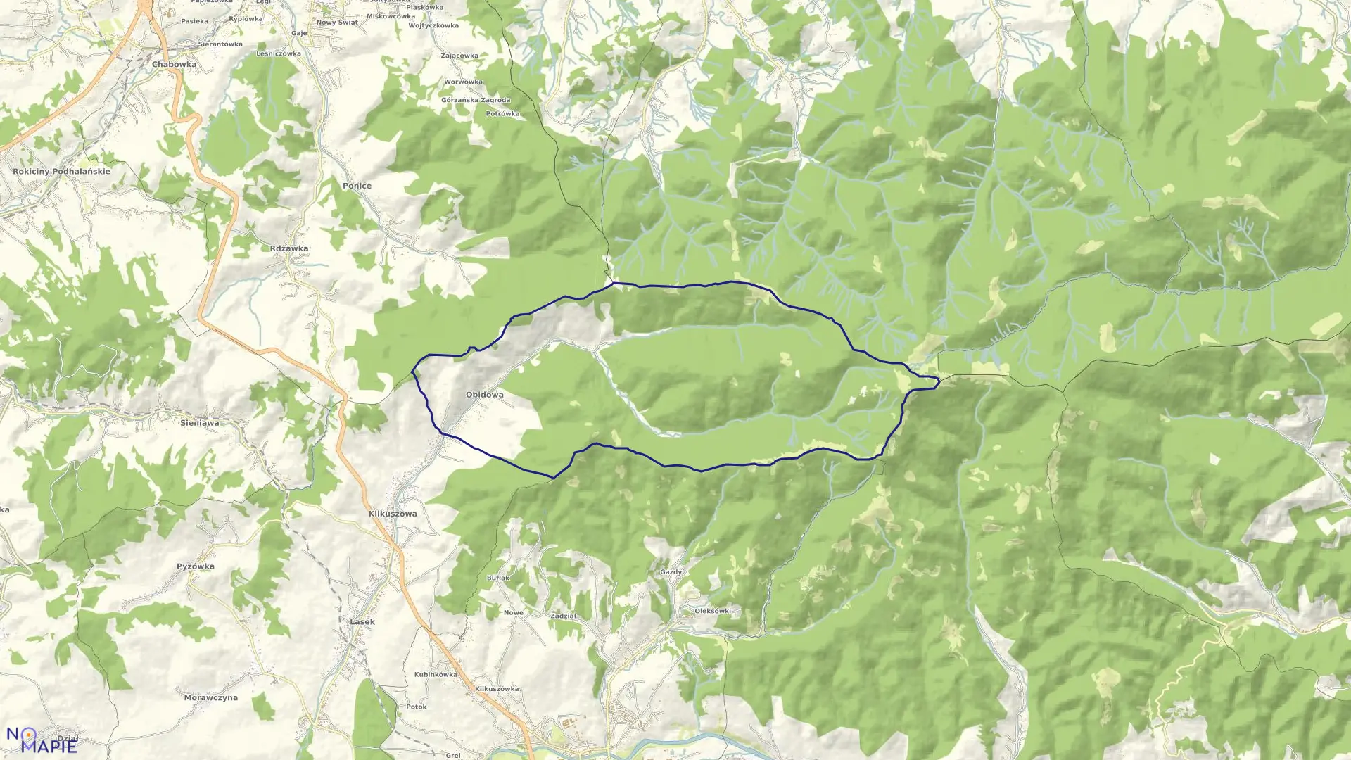 Mapa obrębu Obidowa w gminie Nowy Targ