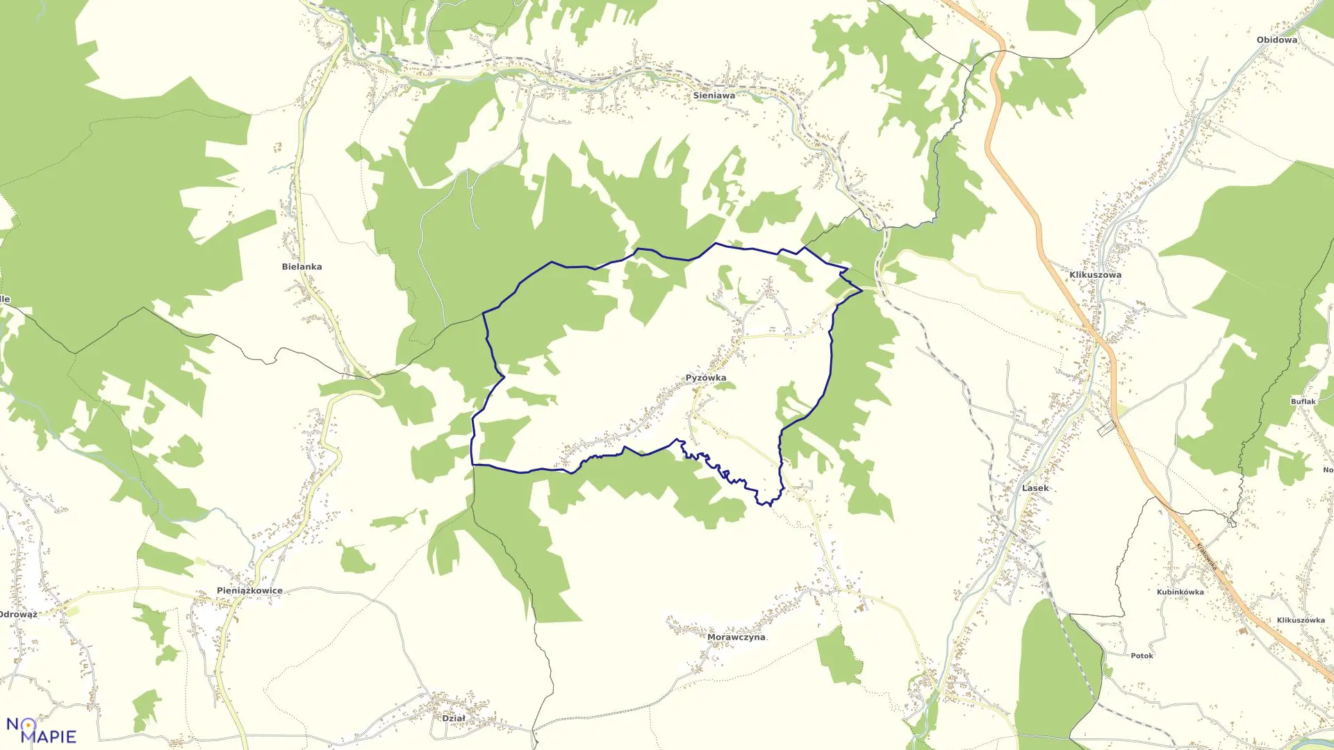 Mapa obrębu Pyzówka w gminie Nowy Targ